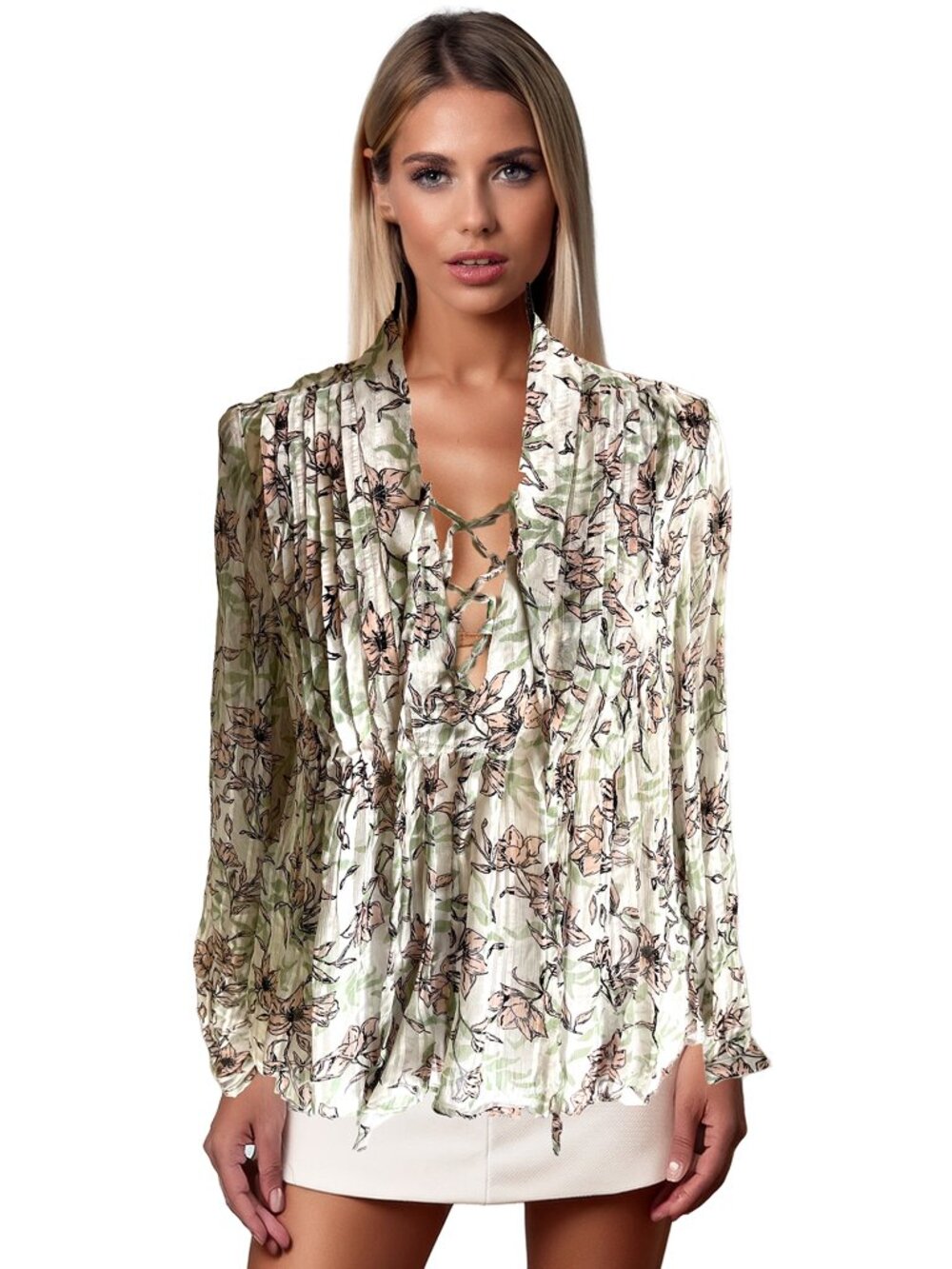 Rag & Bone Sachi Floral Blouse M White Pink Lace Up Pleated Boho Viscose Top $32